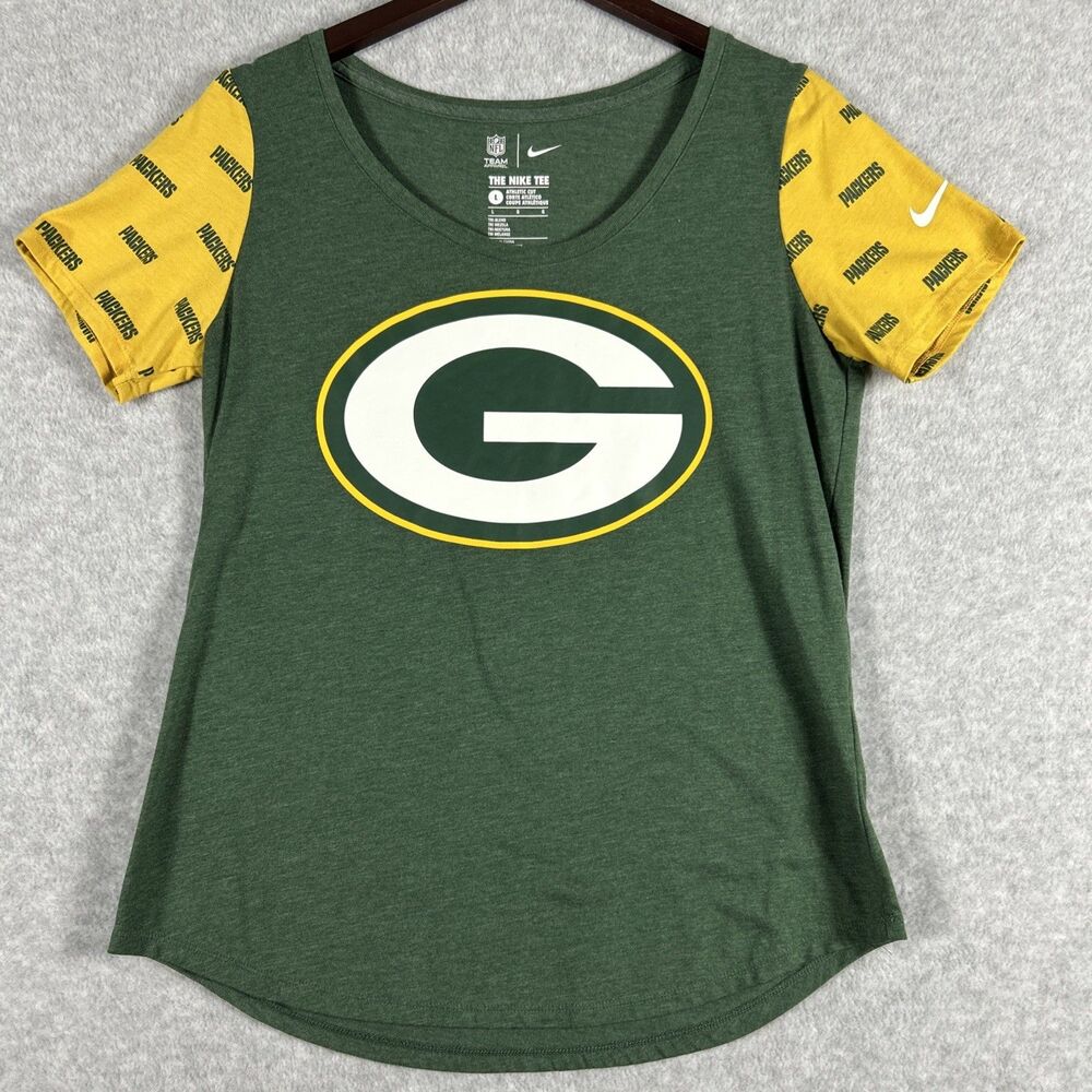 Green Bay Packers Football Women T-Shirt Green & Yellow Graphic Print Tee Large